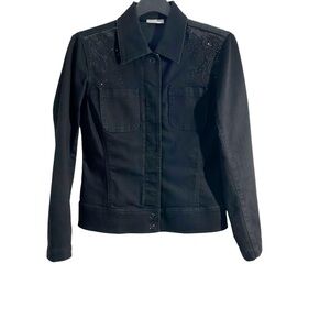 Chico’s Platinum Black Denim Embroidered Sequined Jacket Size 0 XS